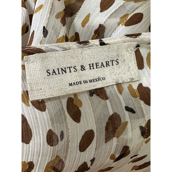 Saints & Hearts Cream brown print wrap front tie sleeves blouse size Medium - Picture 4 of 15
